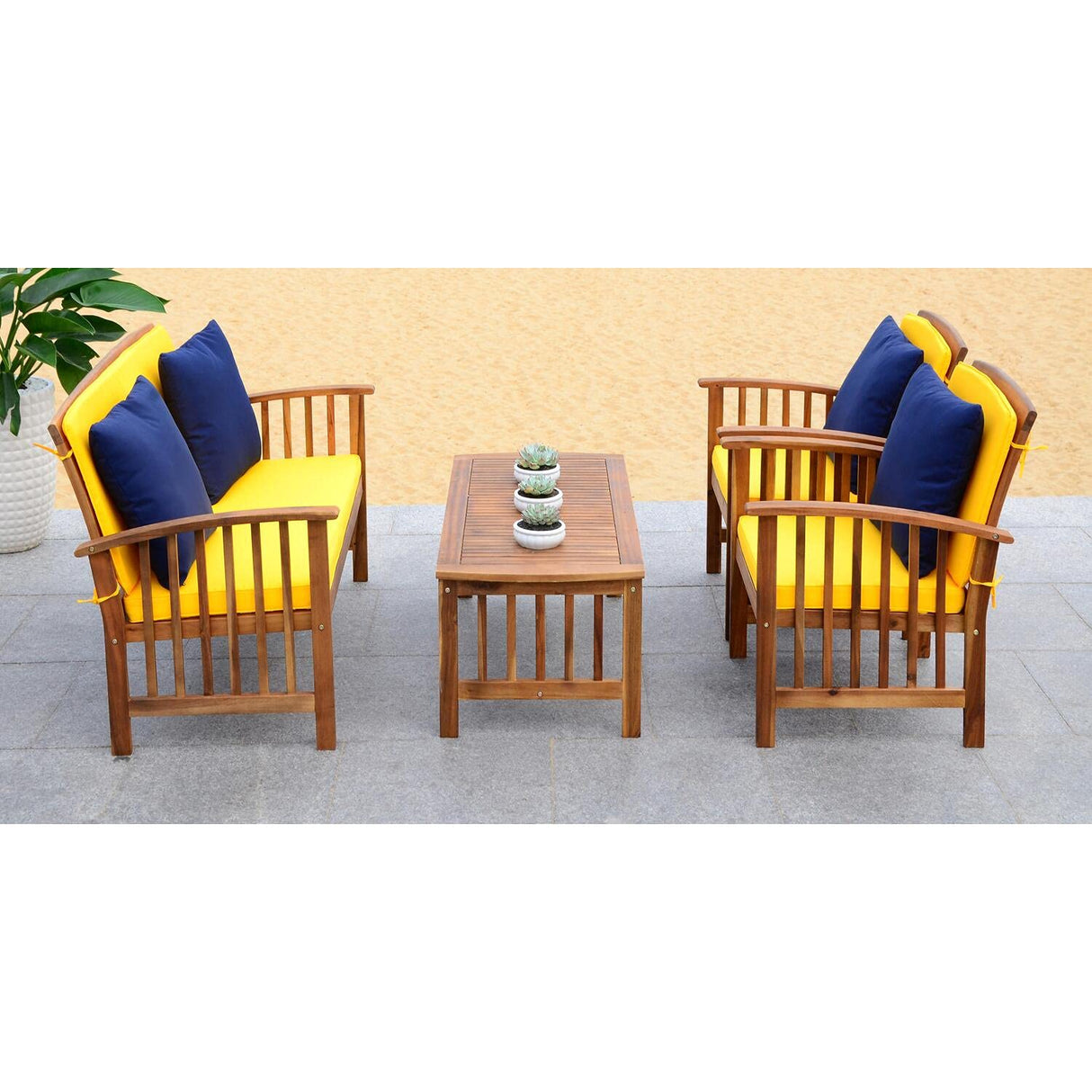 SAFAVIEH Outdoor Collection Rocklin Natural/ Beige 4-Piece Conversation Patio Set with Cushions Safavieh