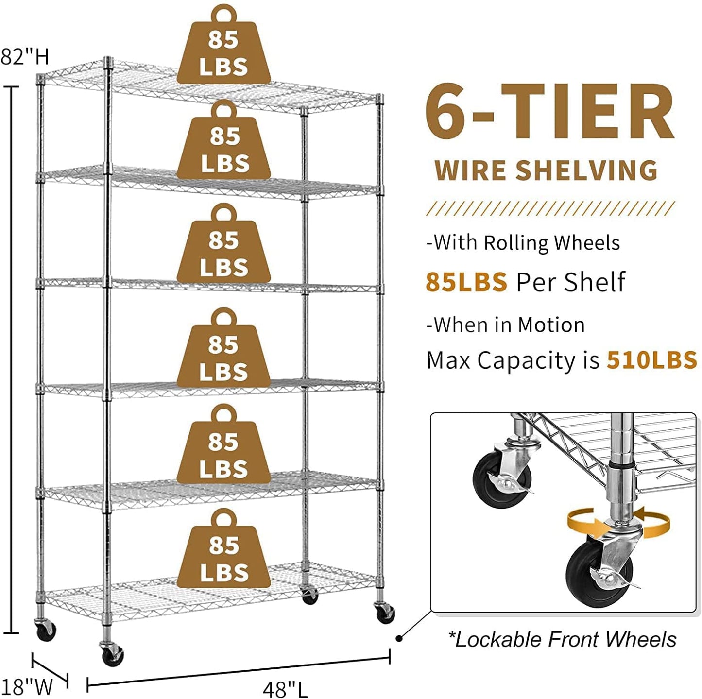 YYkokocat 6-Tier Adjustable Storage Shelves Heavy Duty Wire Shelving Unit with Wheels 2100Lb Metal Layer Rack Shelf NSF Shelving for Closet Kitchen Garage, 82" H x 48" L x 18" D - Chrome