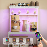 Korfile Kitchen Bakers Rack with Power Outlet & LED Lights, Small Coffee Bar Table with Adjustable Storage Shelf, 4 Tiers Microwave Stand with 8 Hooks, Coffee Station for Appliance Organizer, White Korfile