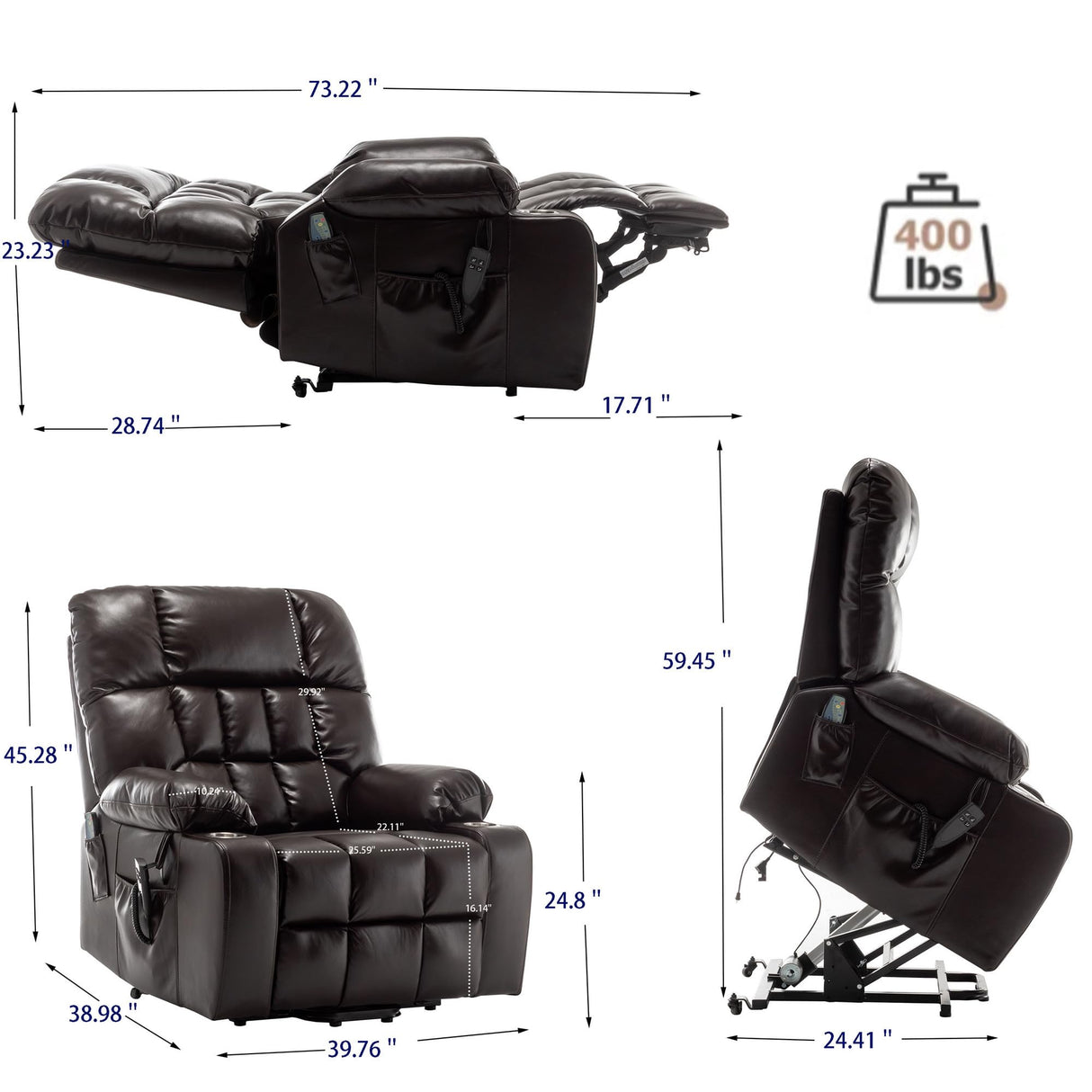 LITVZ Power Lift Recliner Chair with Massage and Heating for Elderly, Oversized Lay Flat Recliner, Big and Tall 400lbs, Dual Motors, Cup Holders, Heavy Duty, Adults (Red) LITVZ