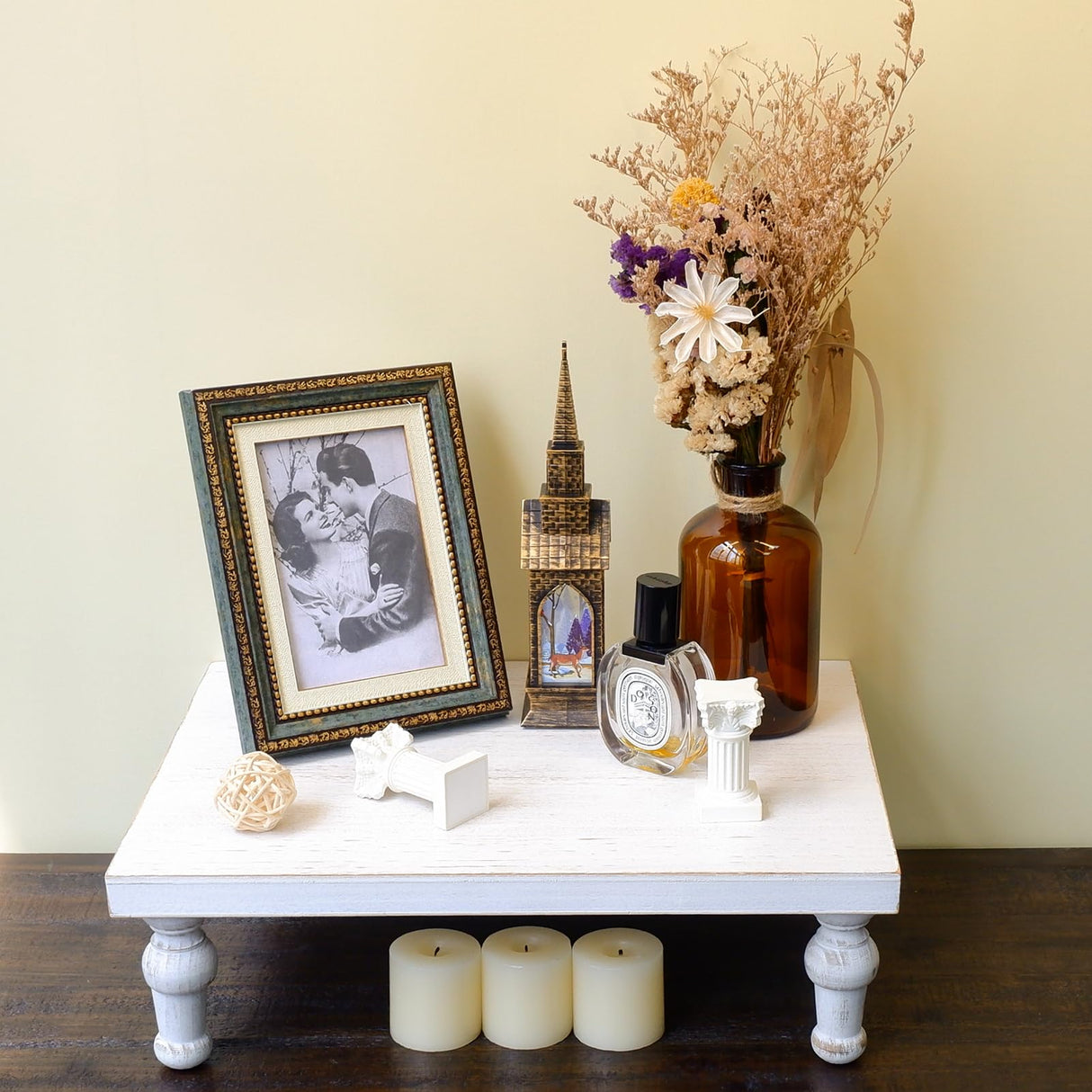 TOOLTENG 15.7" x 11.8" Wooden Riser Decorative Tray, Farmhouse Wood Pedestal Stand, Rustic Whitewashed Tray Riser Display Stand, Coffee Bar, Dining Room, Centerpiece, Kitchen, Bathroom Table Decor TOOLTENG