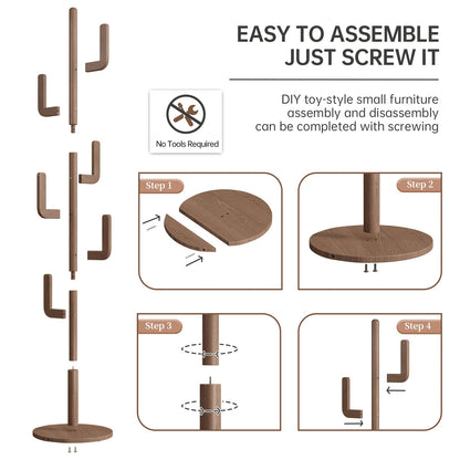 KASLANDI Coat Rack, Solid Wood Cactus Coat Rack Stand, Freestanding Coat Rack with 6 L-shaped Hooks and 3 Adjustable Sizes, Sturdy and Easy to Assemble Coat Tree for Entryway, Bedroom (Walnut)