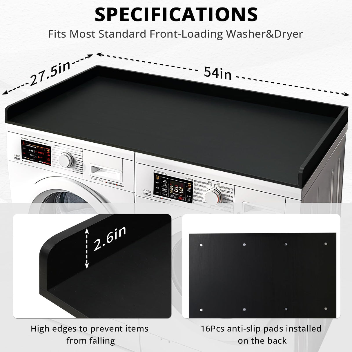 GASHELL Washer Dryer Countertop, 27.5" x 54" Bamboo Washer and Dryer Countertop for Laundry Room Organization(Black) Gashell