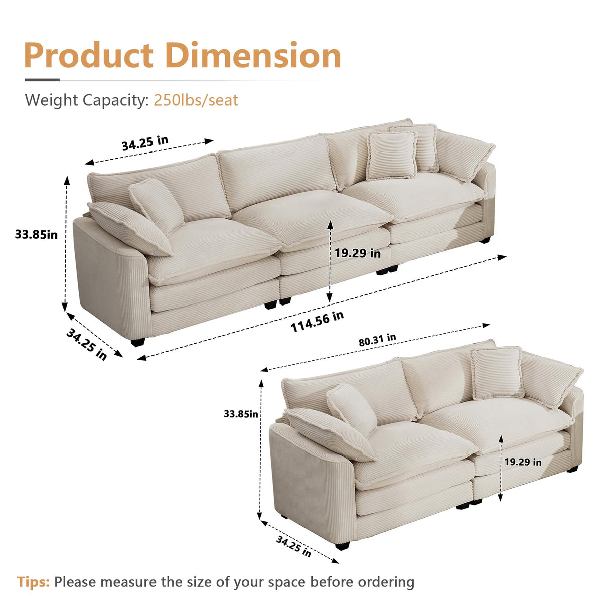 Nestglow Oversized 2 Piece Sofa Set for Living Room, 3-Seater & Loveseat Couch, Modular Sectional Deep Seat Corduroy Comfy Cloud Couches with 4 Armrest Pillows and 5 Toss Pillows, Beige Nestglow