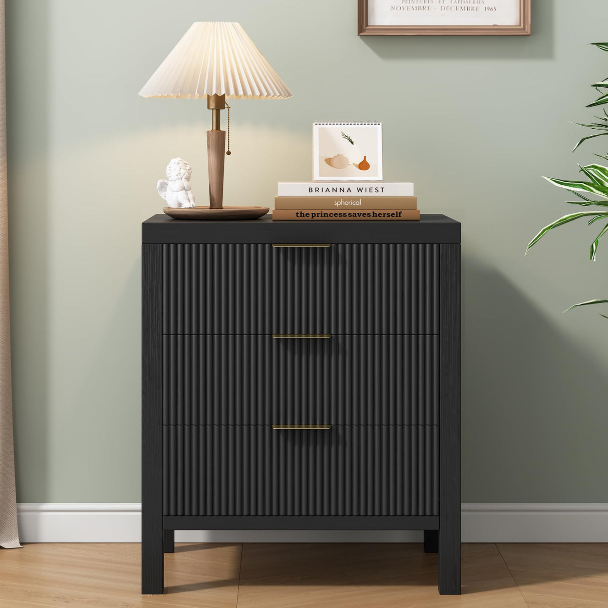 MJADUE Fluted Nightstands Set of 2, Wooden Farmhouse Night Stands with 6 Drawer Bedside Table - Boho Tall End Table Accent Table for Bedroom, Living Room, （Black 2PCS） MJADUE