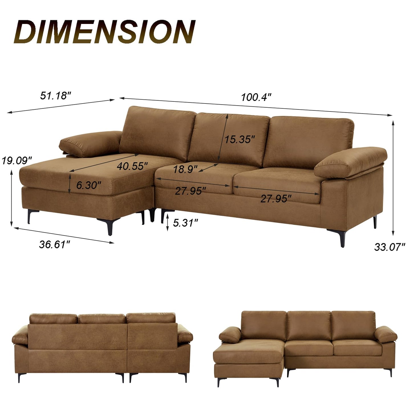 100.8" Sectional Sofa,Faux Leather Couch with Reversible Chaise,Mid-Century L Shaped Sofa Couch for Living Room, Apartment,Office (Brown, Sofa with Chaise)