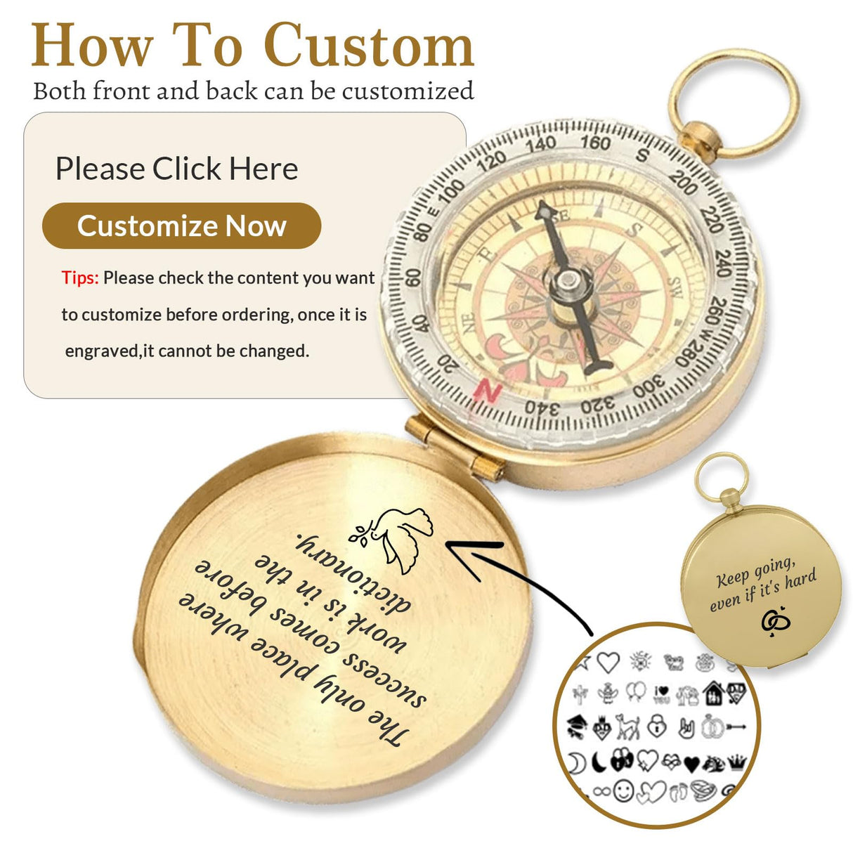 Compass Personalized Portable Compass Custom Text Mini Compass with Waterproof Luminous Function Survival Gifts for Men Women Hiking Camping Hunting Map Navigation Tool (Compass) RSQGT