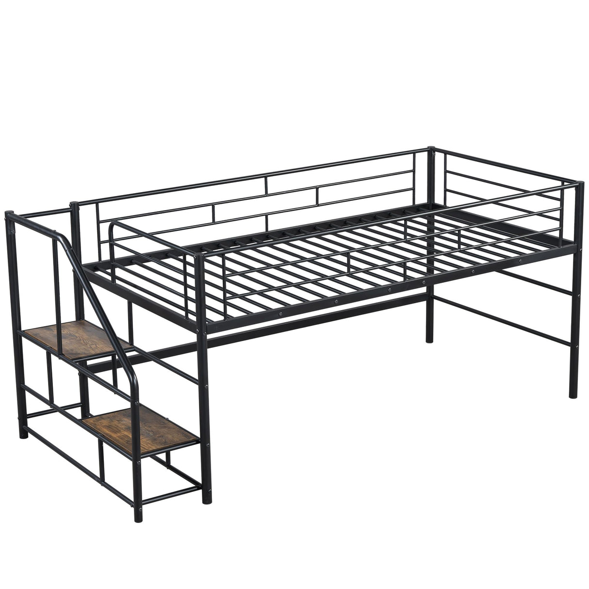 Twin Size Low Loft Bed for Kids,Metal Loft Bed Frame with Stair for Boys Girls,Kids Loft Bed Twin Size with Storage Steps,Black Bellemave