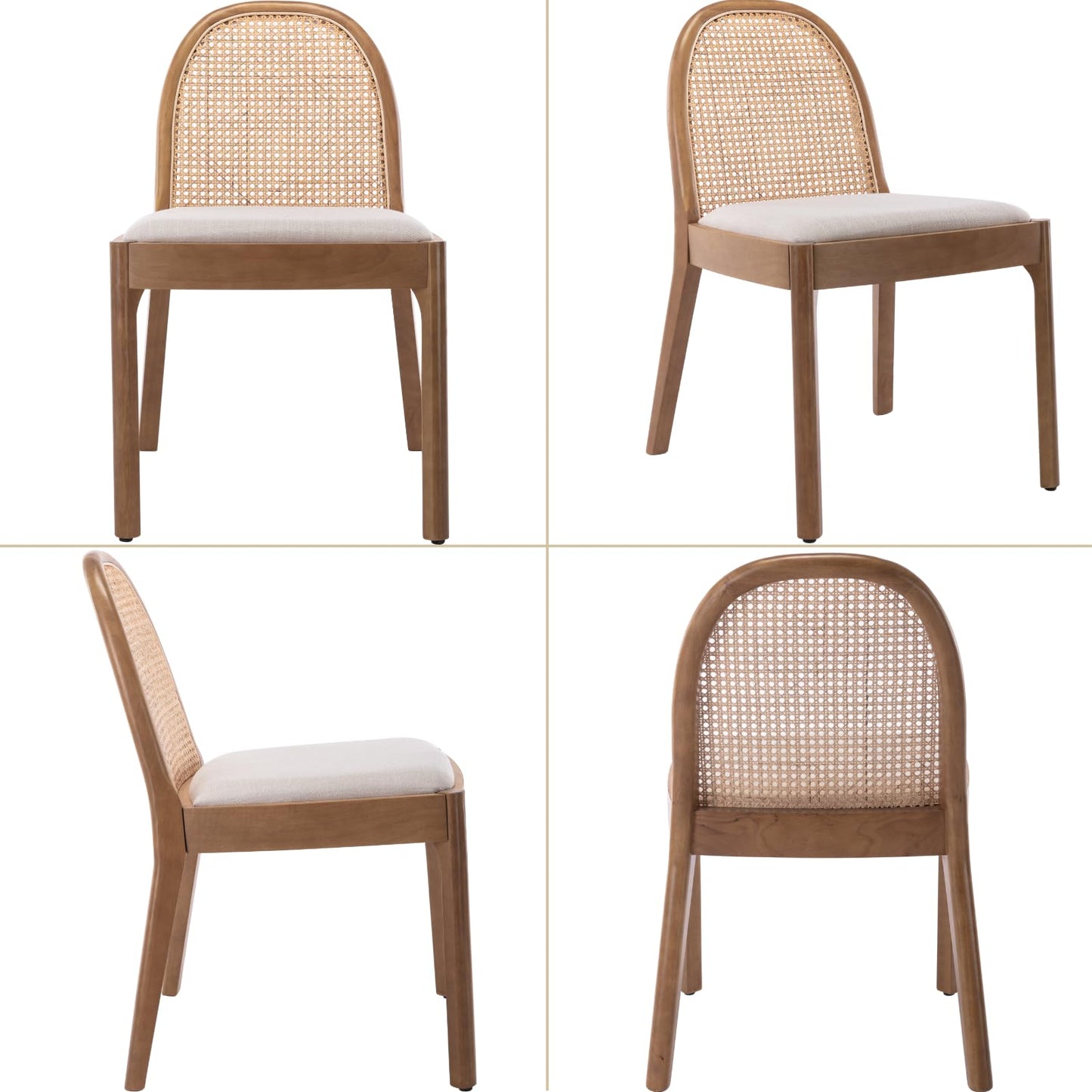 Ya-Home Mid Century Dining Chairs Set of 4, Accent Rattan Linen Fabric Side Chairs Kitchen Chair with Solid Wooden Legs for Living Room Dining Room, Beige