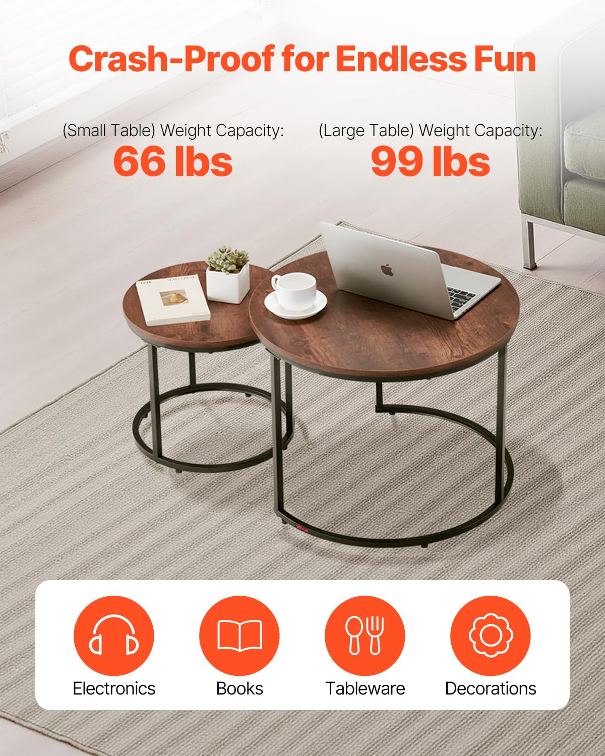 VEVOR Nesting Tables, Coffee Table Set of 2, 23.6 inch Round Coffee Table, Small Coffee Tables Night Stand with Metal Frame, for Living Room, Bedroom, Office (Brown & Black) VEVOR