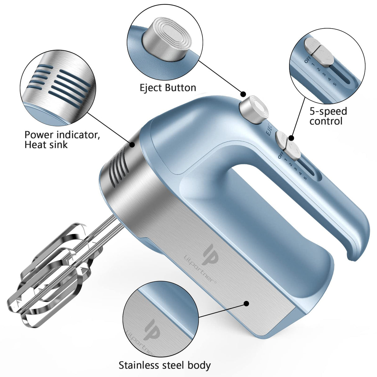 Hand Mixer Electric, 450W Kitchen Mixers with Scale Cup Storage Case, Turbo Boost/Self-Control Speed + 5 Speed + Eject Button + 5 Stainless Steel Accessories, For Easy Whipping Dough,Cream,Cake LILPARTNER