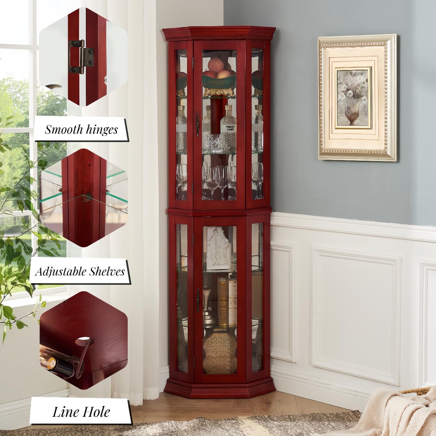 SUNLIFER Curio Cabinets with Glass Doors: Lighted Corner Display Curio Cabinet with Adjustable Shelves | Tall Wood China Cabinet - Bar and Liquor Storage Area for Living Room - Cherry - WoodArtSupply