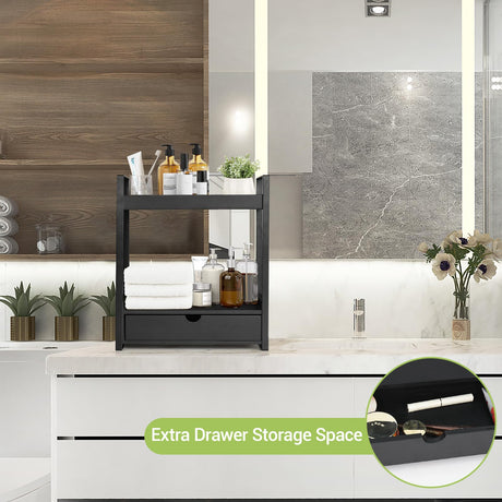 Ukonvi 2-Tier Bathroom Organizer Countertop with Drawer, Wood Counter Shelf for Storage, Vanity Tray for Organization and Decor, Countertop Organizer for Bathroom, Kitchen, Office (Black) Ukonvi