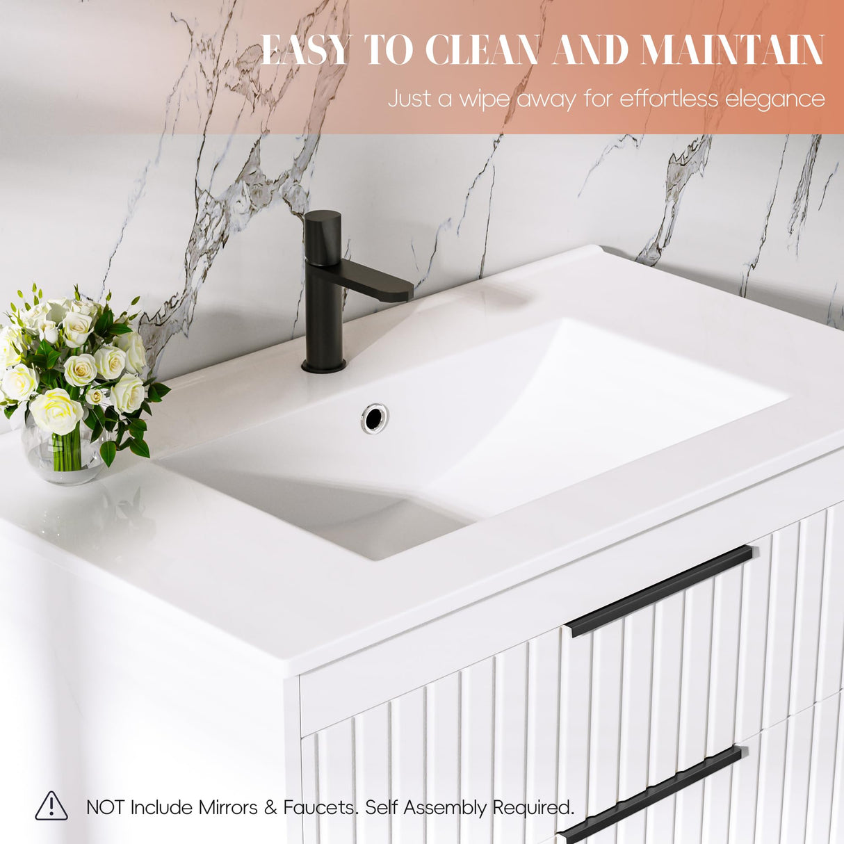 Buytime 30" Bathroom Vanity with Sink, Floating Vanity Bathroom Sink Cabinet Wall Mount, Soft-Close Function 2 Large Drawers, Grooved Stripe Design, Hidden Damping Drawers, White Buytime