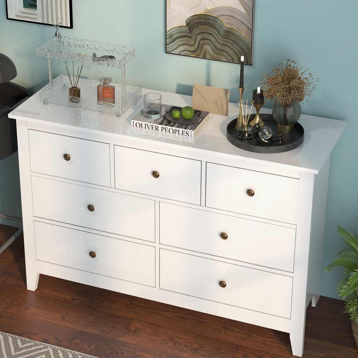 Vikiullf White Dresser - 47 in Modern Dresser for Bedroom, Wooden 7 Drawer Dresser, Storage Cabinet for Bedroom, Living Room, Hallway, Entryway Vikiullf