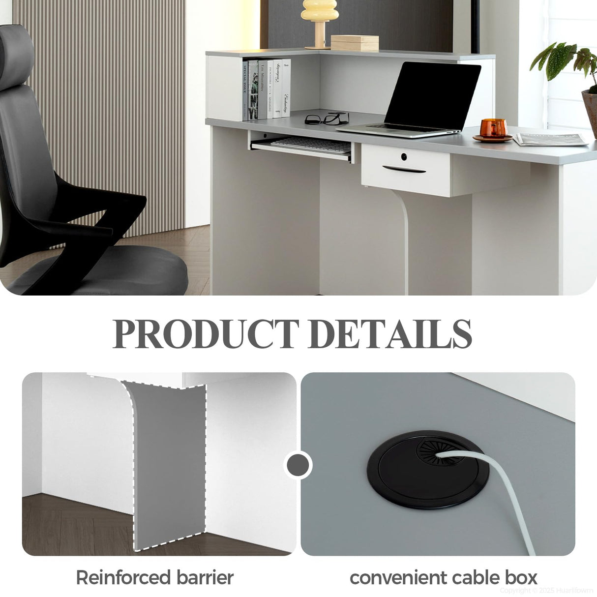 Huariifowm L Shape Reception Desk with Counter, Lockable Drawer, Keyboard Tray, and Double-Layer Storage for Salon, Office, or Clinic(White+Gray/Left, 63" L*24" W*39" H) Huariifowm