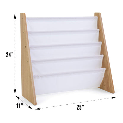 Humble Crew 4-Tier Toddler Bookshelf in Natural Wood/White with Deep Fabric Sleeves - WoodArtSupply