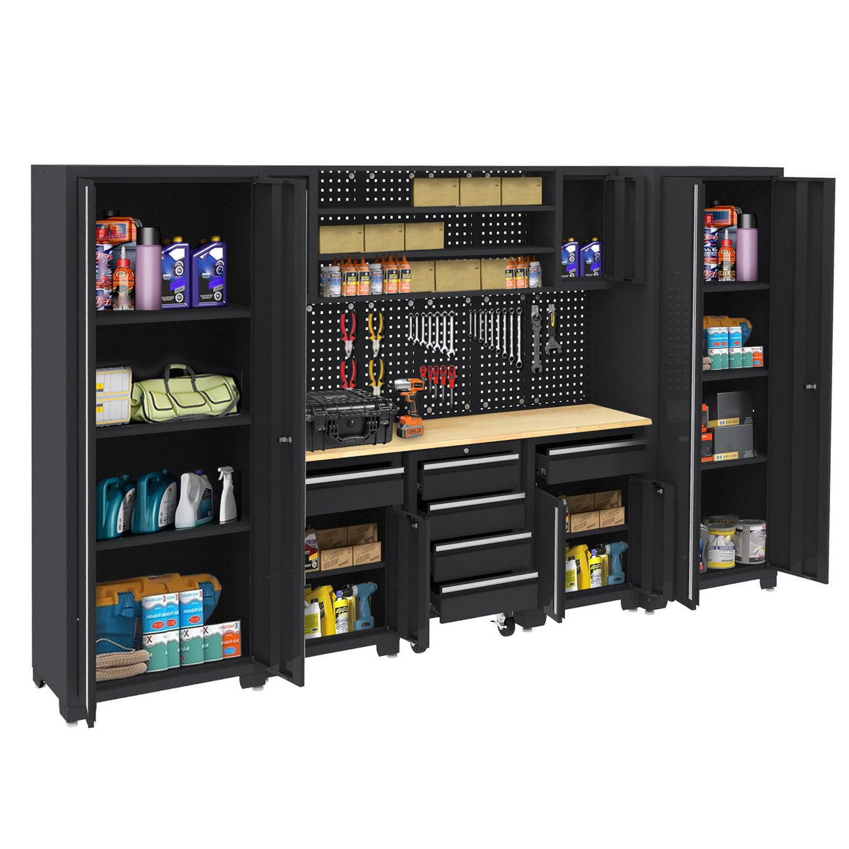 HPDMC Garage Storage Cabinet System - 9-Pc Steel Workshop Set w/Workbench Includes Cabinet Drawers & Pegboard | Gray Tool Organization System for Garage/Workshop HPDMC