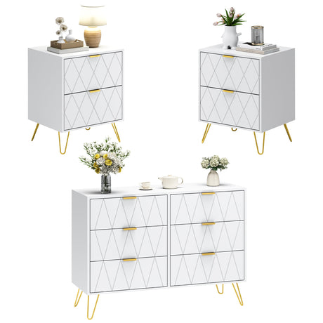 Anbuy 6 Drawer Dresser and Night stand Sets for Bedroom, Two Drawers Nightstand Set of 2 & 6 Drawer Dresser Combo 3 Pieces (White) Anbuy