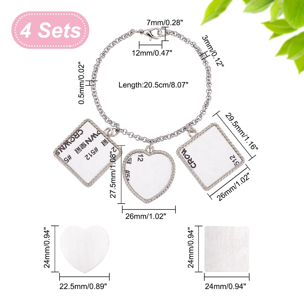 PH PandaHall 4 Sets Sublimation Bracelets Blanks Heat Transfer Bracelet Tray Heart Photo Bezel Square Craft Bezel Setting Blank for Christmas Party Friendship Bracelet Sweet Birthday Wedding Gift PH PandaHall