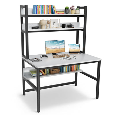 Aquzee White Computer Desk with Hutch and Shelves - Easy Assembly Gaming Table with 4 Tiers for Storage and Study