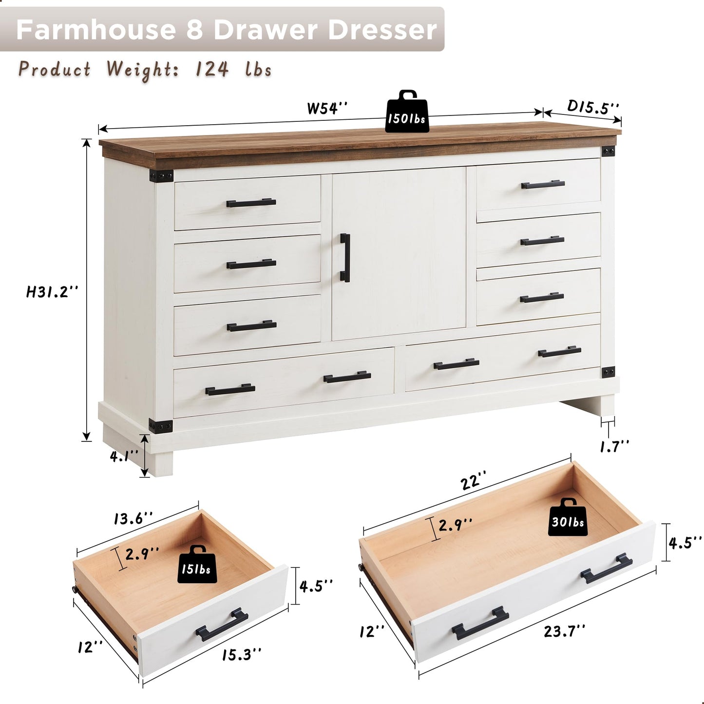 Farmhouse 8 Drawer Dresser for Bedroom - 54 Inch Wide Dresser TV Stand with Storage & Adjustable Shelves, Wood Dressers & Chests of Drawers for Closet, Antique White - WoodArtSupply