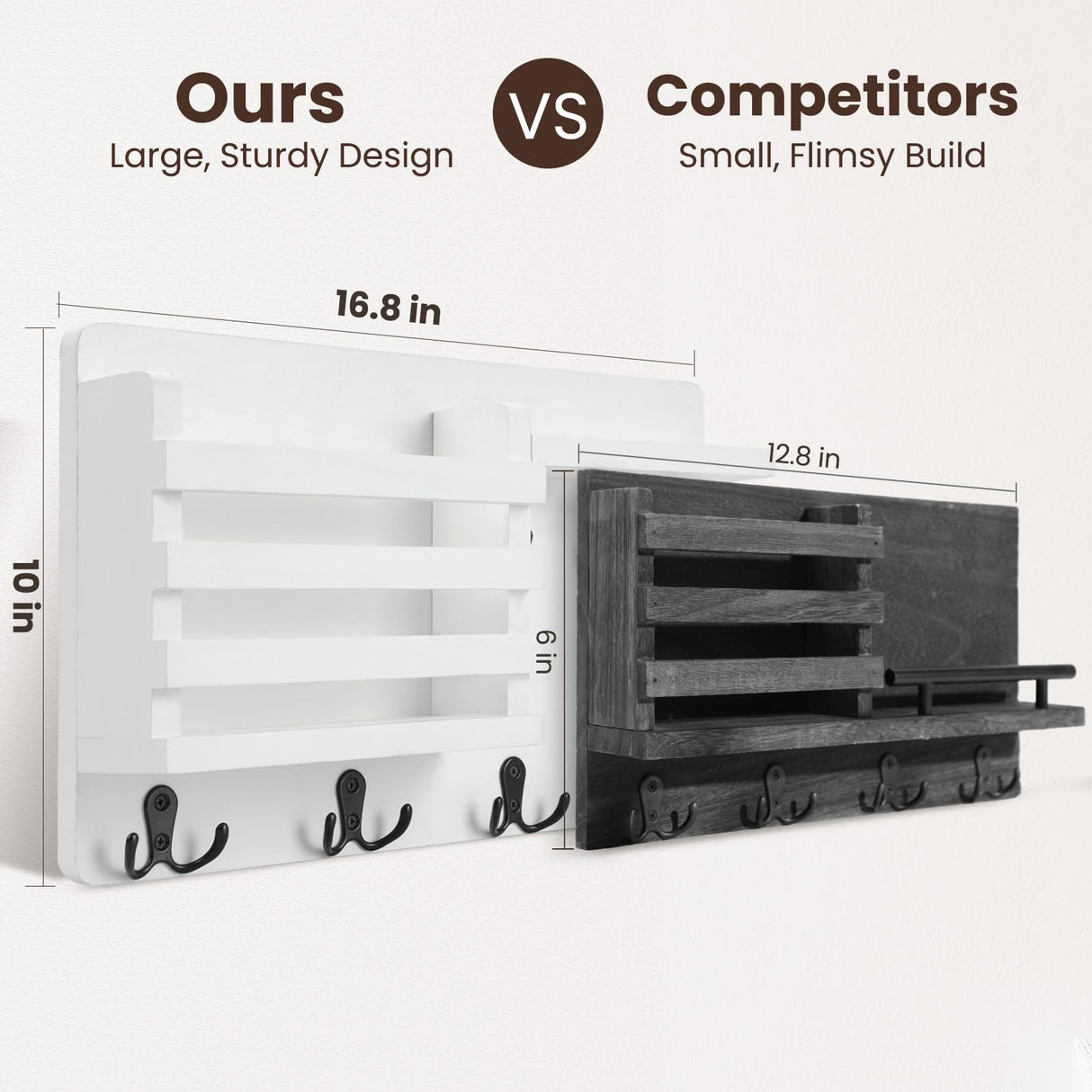 Nekon Mail Holder for Wall Mail Organizer with Key Hooks Hallway Farmhouse Decor Letter Sorter Made of Natural Wood with Floating Shelf and Flush Mount Hardware (16.8Inch x 10Inch x 3.2Inch) Nekon