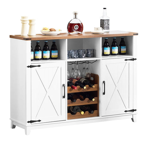 EROMMY Farmhouse Wine Bar Cabinet, 51" Sideboard Buffet Cabinet with Detachable Wine Rack and 3 Open Storage Compartments, Rustic Liquor Cabinet for Dining, Living Room, Kitchen, White EROMMY