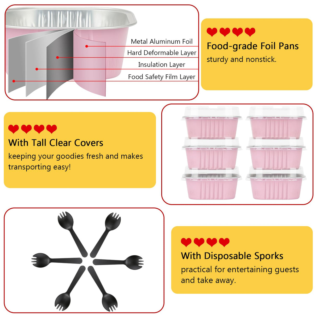 10oz Mini Cake Pans With Lids 40 Pack,LNYZQUS Aluminum Foil Square Brownie Baking Cups,Disposable 4”x4” Large Cupcake Pan,Jumbo Muffin Tin Ramekins Holders-Pink LNYZQUS