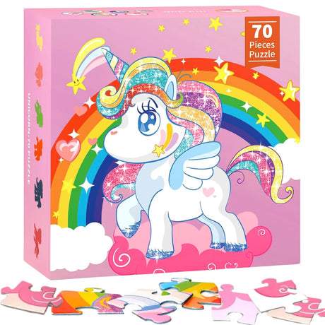 Unicorn Floor Puzzle for Kids Ages 3-5 Years Old: 70 Pieces Large Jigsaw Puzzles for Toddlers 4-8 Learning Educational Development Toys Game Girls Christmas Birthday Easter Gift FunPaxido