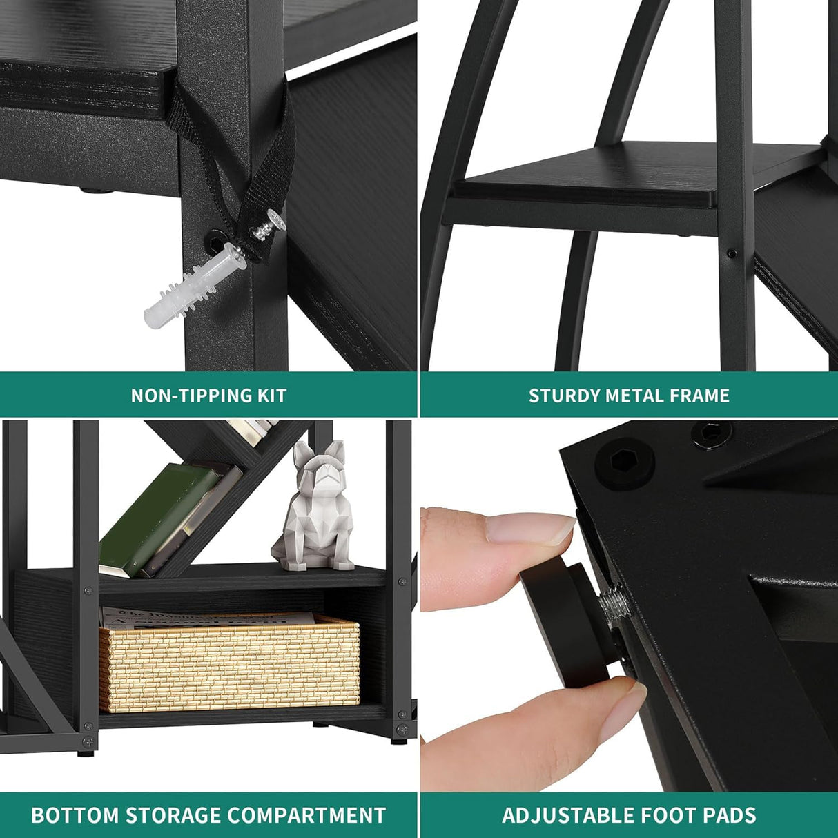 DWVO Oval Bookshelf, Triple Wide 5 Tier Etagere Bookcase, Industrial Display Shelves for Living Room, Bedroom, Home Office, Black DWVO