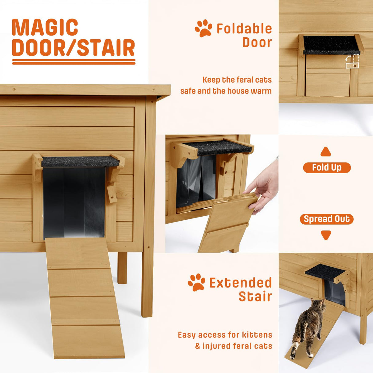 BRIOPAWS Feral-Outdoor-Cat-House-Insulated | Outside-Cat-Shelter for Winter | Weatherproof | Large Wooden Pet House for Multiple Cats | Foldable Ladder | Acrylic Side Window | Brown BRIOPAWS