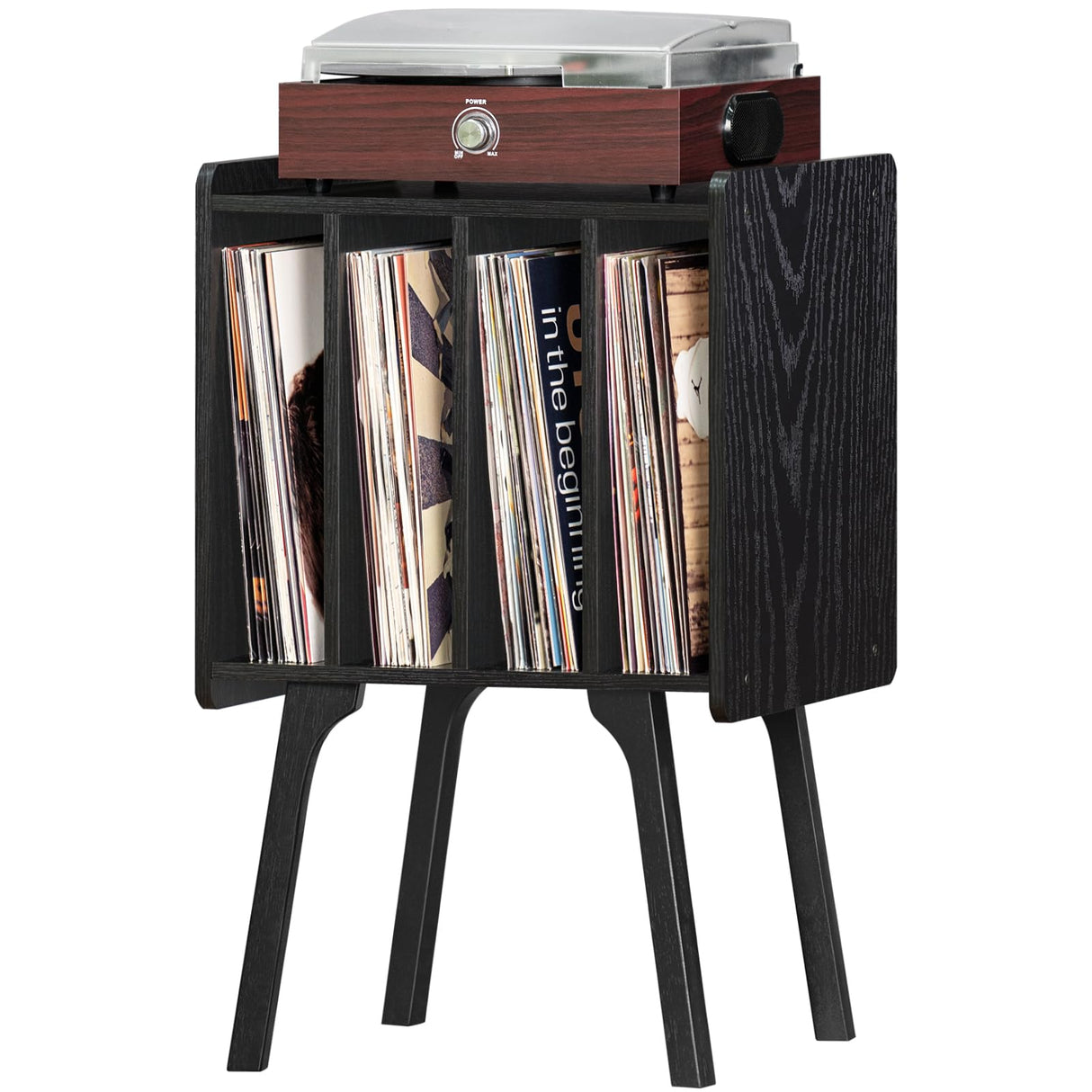 LELELINKY Record Player Stand,Black Vinyl Record Storage Table with 4 Cabinet Up to 100 Albums,Mid-Century Turntable Stand with Wood Legs,Vinyl Holder Display Shelf for Living Room LELELINKY