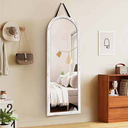 ABSWHLM 16"x48" Arched Full Length Mirror Solid Wood Wall Mirror with Hanging Strap for Living Room Bathroom Bedroom Entryway - White