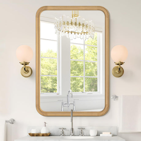 HOMECOOKIN Wood Bathroom Mirrors for Wall Mounted, 24" x 36" Rustic Wood Frame Wall Mirrors Decorative for Living Room or Bedroom Vanity Mirror (Natural) HH HOMECOOKIN