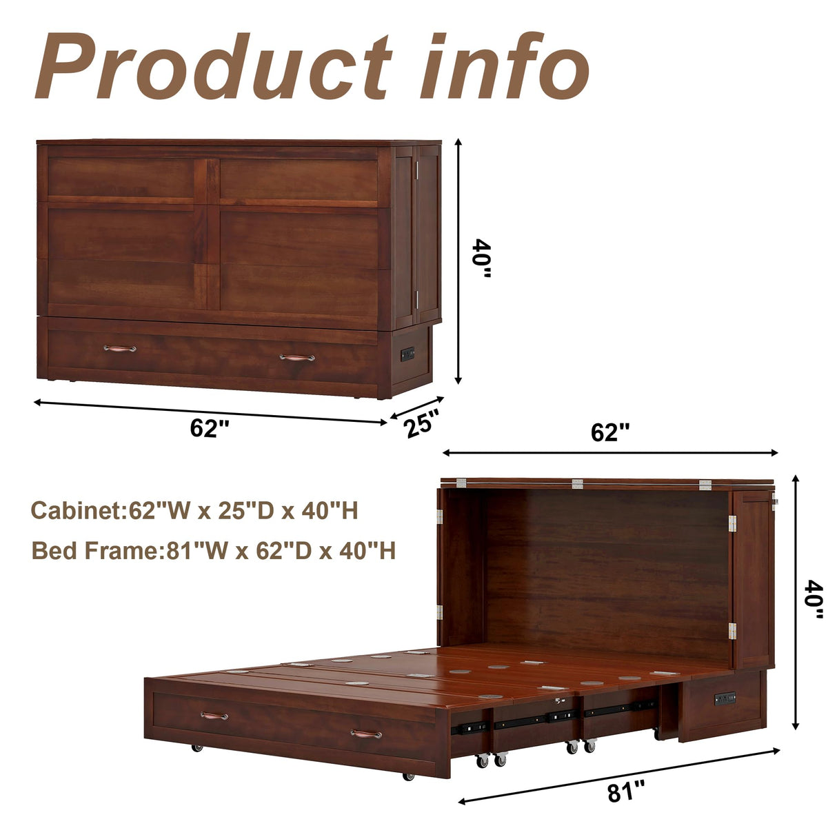 Keloyid Solid Wood Murphy Bed Cabinet：Queen Size Murphy Bed with USB Charging Station and Large Storage Drawer for Home，Optimize Sleeping Space（Mattress Not Included） Brown Yellow-9 Keloyid