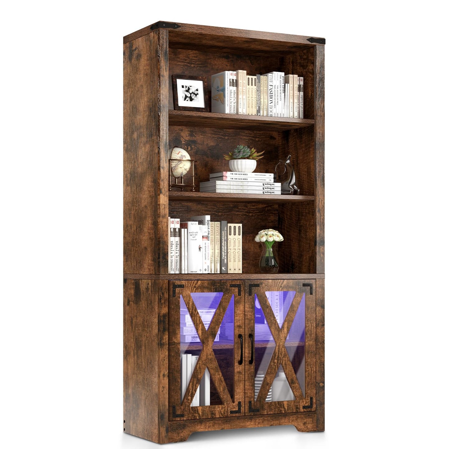 YITAHOME Farmhouse Storage Cabinet with Doors and Shelves,Industrial Pantry Cabinet with LED Lights Tall Display Cabinet for Kitchen,Living Room,Dining Room - Rustic Brown