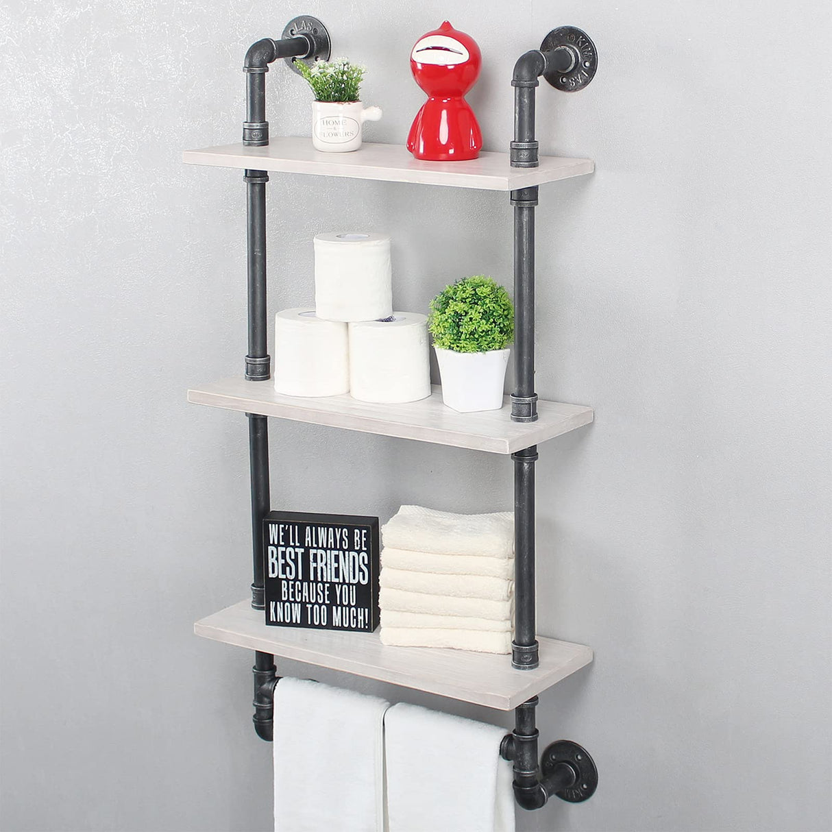 Industrial Pipe Shelf Bathroom Shelves Wall Mounted,19.6in Rustic Wood Shelf with Towel Bar,3 Tier Farmhouse Towel Rack Over Toilet,Pipe Shelving Floating Shelves Towel Holder,Retro White MBQQ