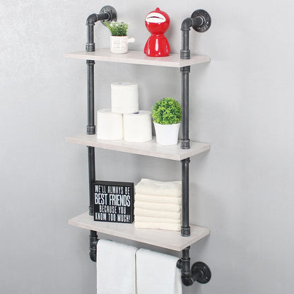 Industrial Pipe Shelf Bathroom Shelves Wall Mounted,19.6in Rustic Wood Shelf with Towel Bar,3 Tier Farmhouse Towel Rack Over Toilet,Pipe Shelving Floating Shelves Towel Holder,Retro White