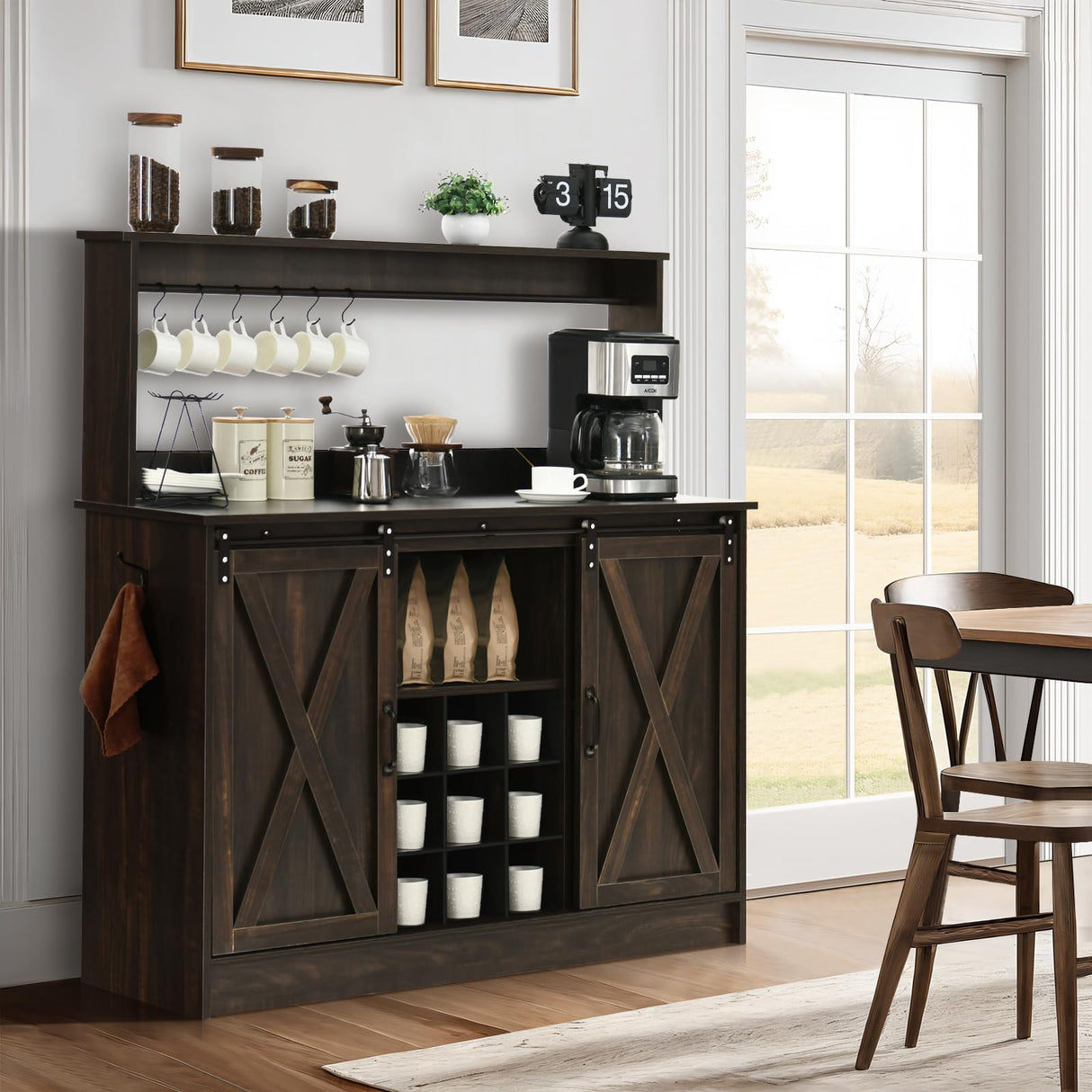 Farmhouse Coffee Bar Cabinet with 6 Hooks, 47 Inch Coffee Bar Hutch with 9 Wine Racks, Coffee Bar Table with Sliding Barn Door, Wine Bar with Adjustable Shelves for Dining Living Room, Dark Oak 4ever2buy