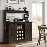 Farmhouse Coffee Bar Cabinet with 6 Hooks, 47 Inch Coffee Bar Hutch with 9 Wine Racks, Coffee Bar Table with Sliding Barn Door, Wine Bar with Adjustable Shelves for Dining Living Room, Dark Oak 4ever2buy