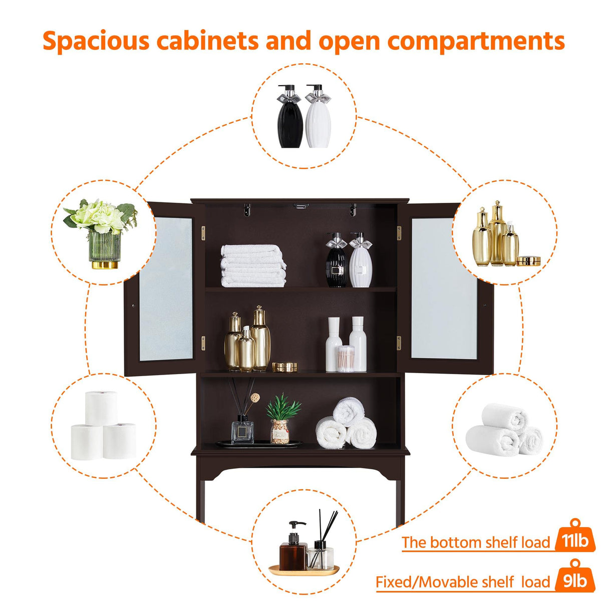 Yaheetech Over The Toilet Storage Cabinet, Free Standing Toilet Rack with Adjustable Shelves and Tempered Glass Doors for Bathroom Washroom, Espresso Yaheetech