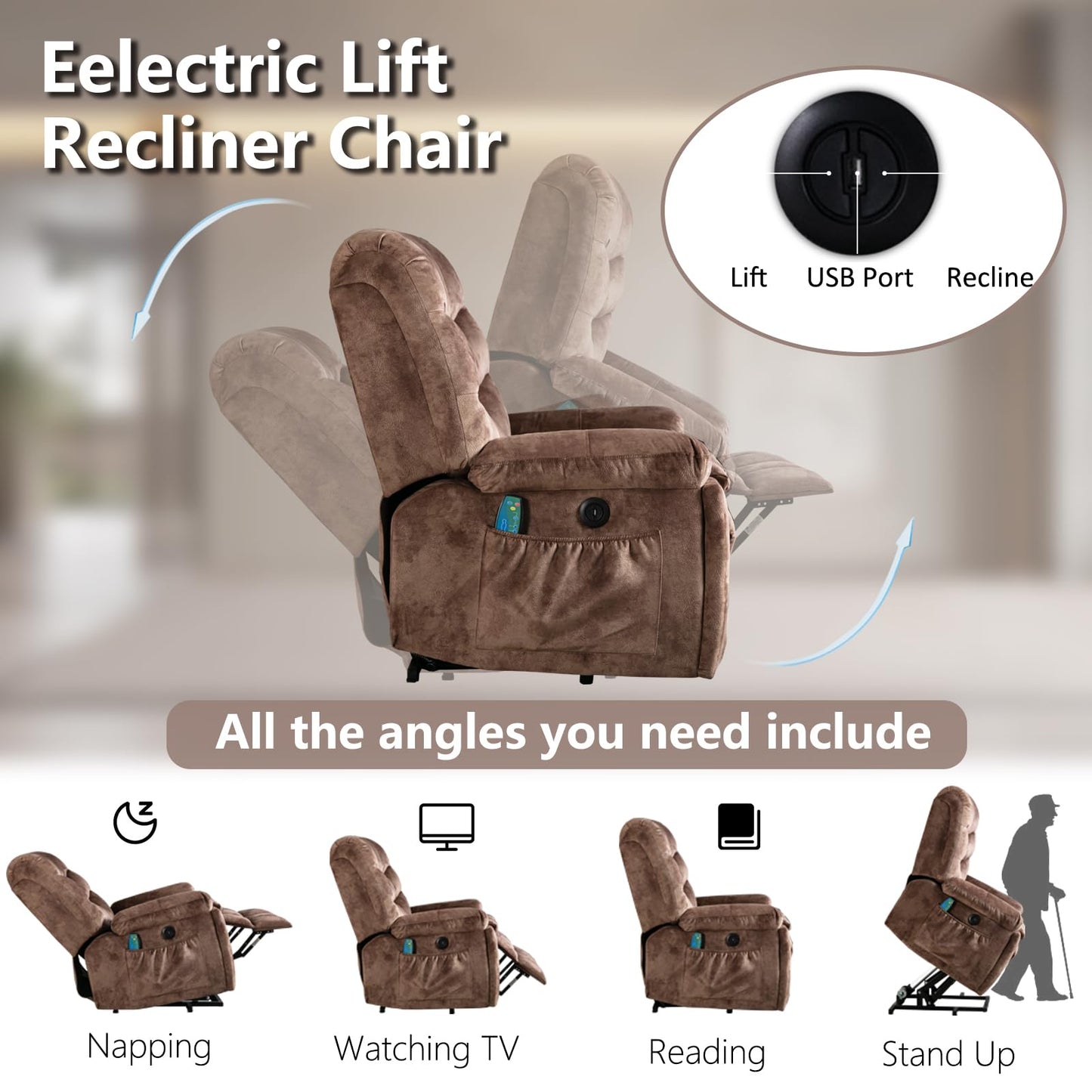 Phoenix Home Large Power Lift Recliner with Massage and Heat for Elderly, Heavy Duty & Safety Motion Reclining Mechanism, Electric Wider Chair with USB Port, 2 Hidden Cup Holders, Caramel Brown