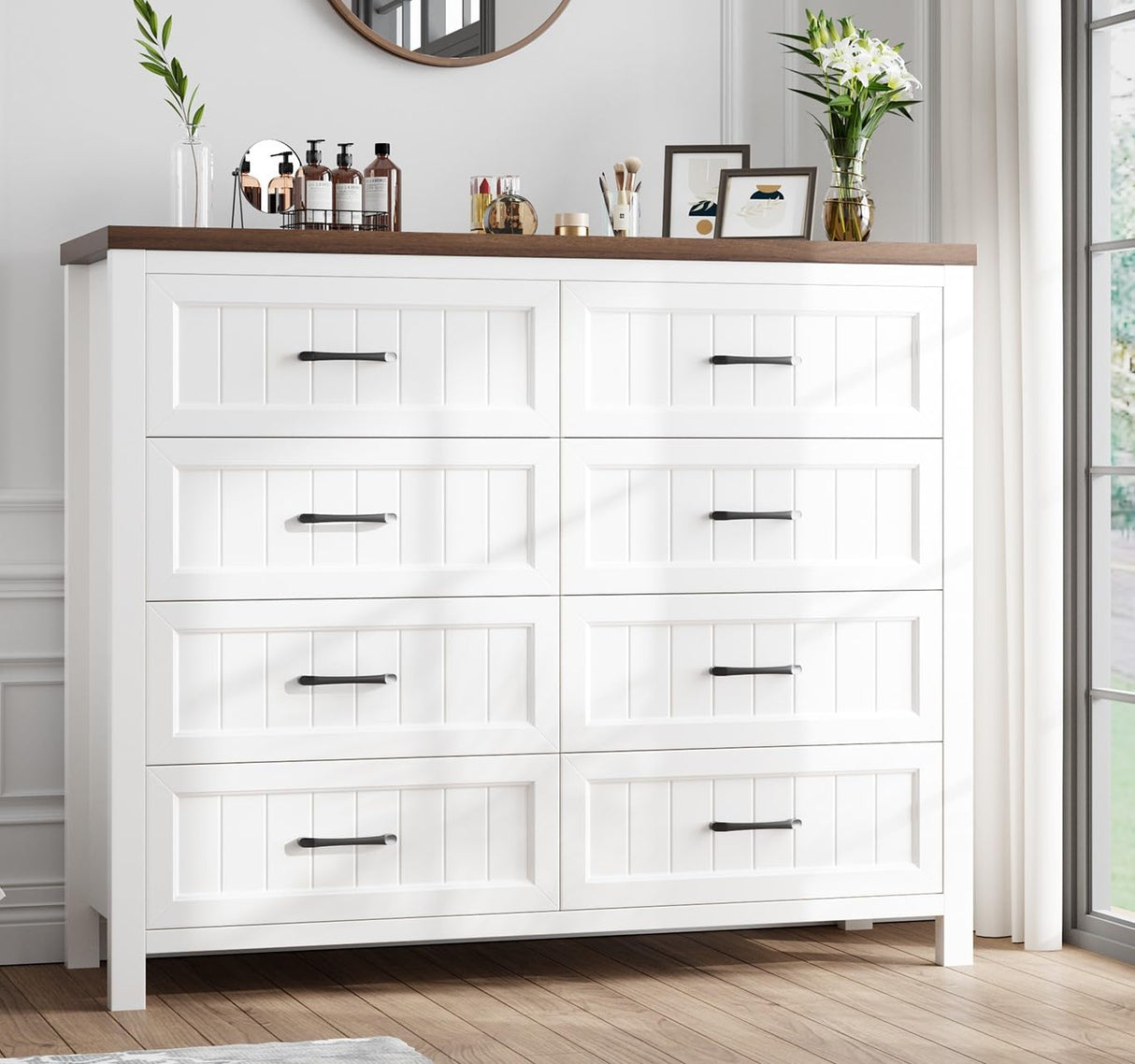 Jocoevol Elegant Farmhouse 8 Drawer Dresser for Bedroom - Large Wooden Double Dressers with Deep Drawers Dressers for Hallway, or Entryway - White & Brown Jocoevol