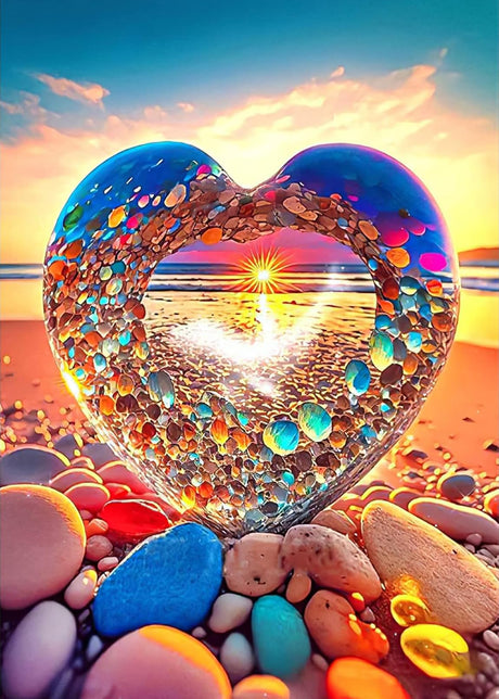 KINPLUB 5D Diamond Painting Kits for Adults, Color Heart Shape Stone Diamond Art Kits for Beginners, DIY Full Round Drill Love Beach Paint with Diamonds Dots Gem Art, Home Wall Decor 12 x 16 Inch KINPLUB