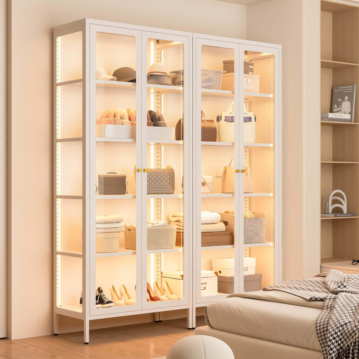 Desirable Life 5 Tier Glass Display Cabinet with 13 Color LED Lights, 67" Lighted Curio Cabinet with Glass Doors & Adjustable Shelves, Tall Metal Display Case for Collectibles Figures- White Desirable Life