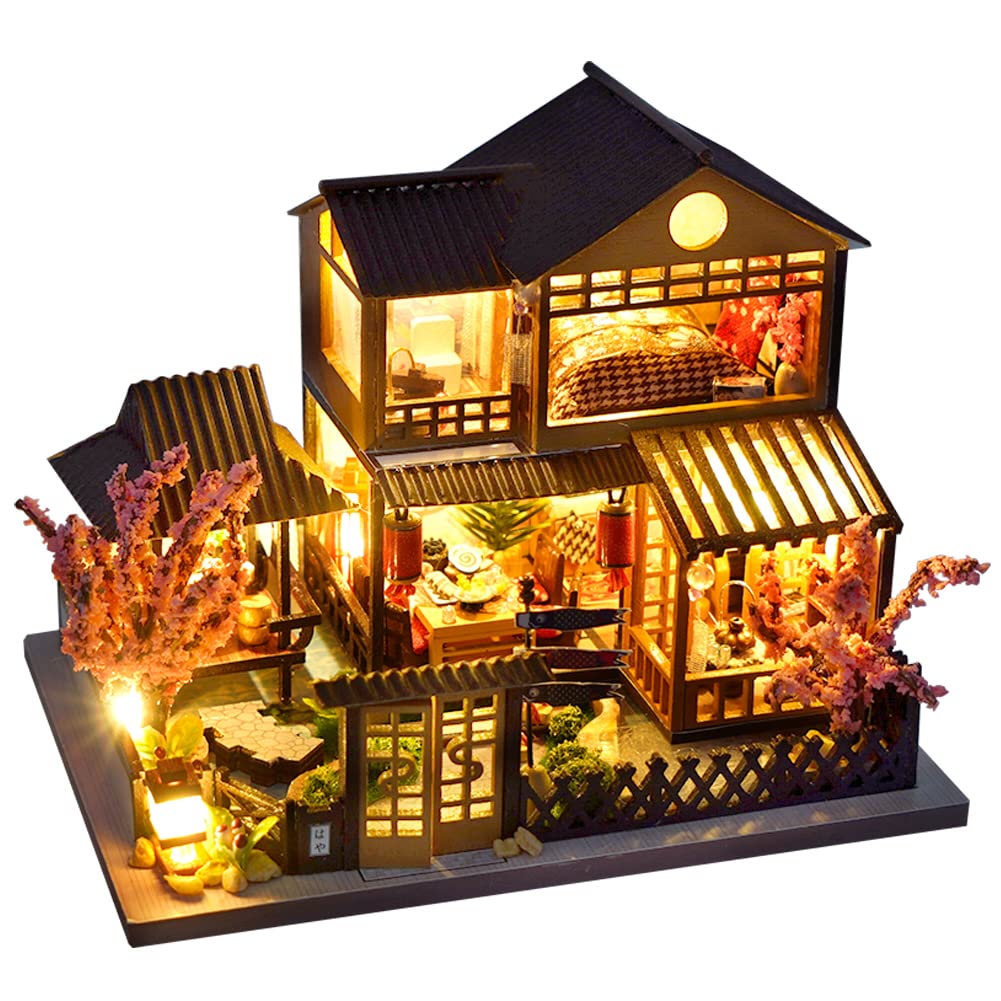 Mini Dollhouse DIY Miniature Wooden Furniture Kit,Handmade Doll House with LED,Creative Woodcrafts Toys for Friends Birthday