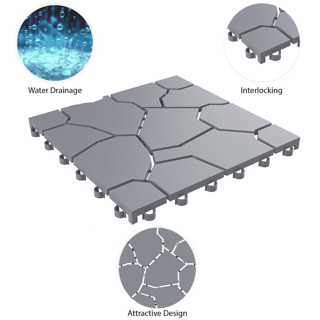 Pure Garden 30-Pack Polypropylene Interlocking Patio Deck Tiles - Weather-Resistant Outdoor Flooring for Balcony, Porch, and Garage (Gray) Pure Garden