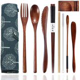 Busnos bamboo Utensils for Eating Reusable wooden travel flatware set with Case 9 Pcs durable wooden cutlery wooden spoons forks and chopsticks Wood Flatware Set with Knife Fork Spoon Chopsticks Straw Busnos