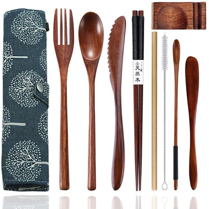 Busnos bamboo Utensils for Eating Reusable wooden travel flatware set with Case 9 Pcs durable wooden cutlery wooden spoons forks and chopsticks Wood Flatware Set with Knife Fork Spoon Chopsticks Straw